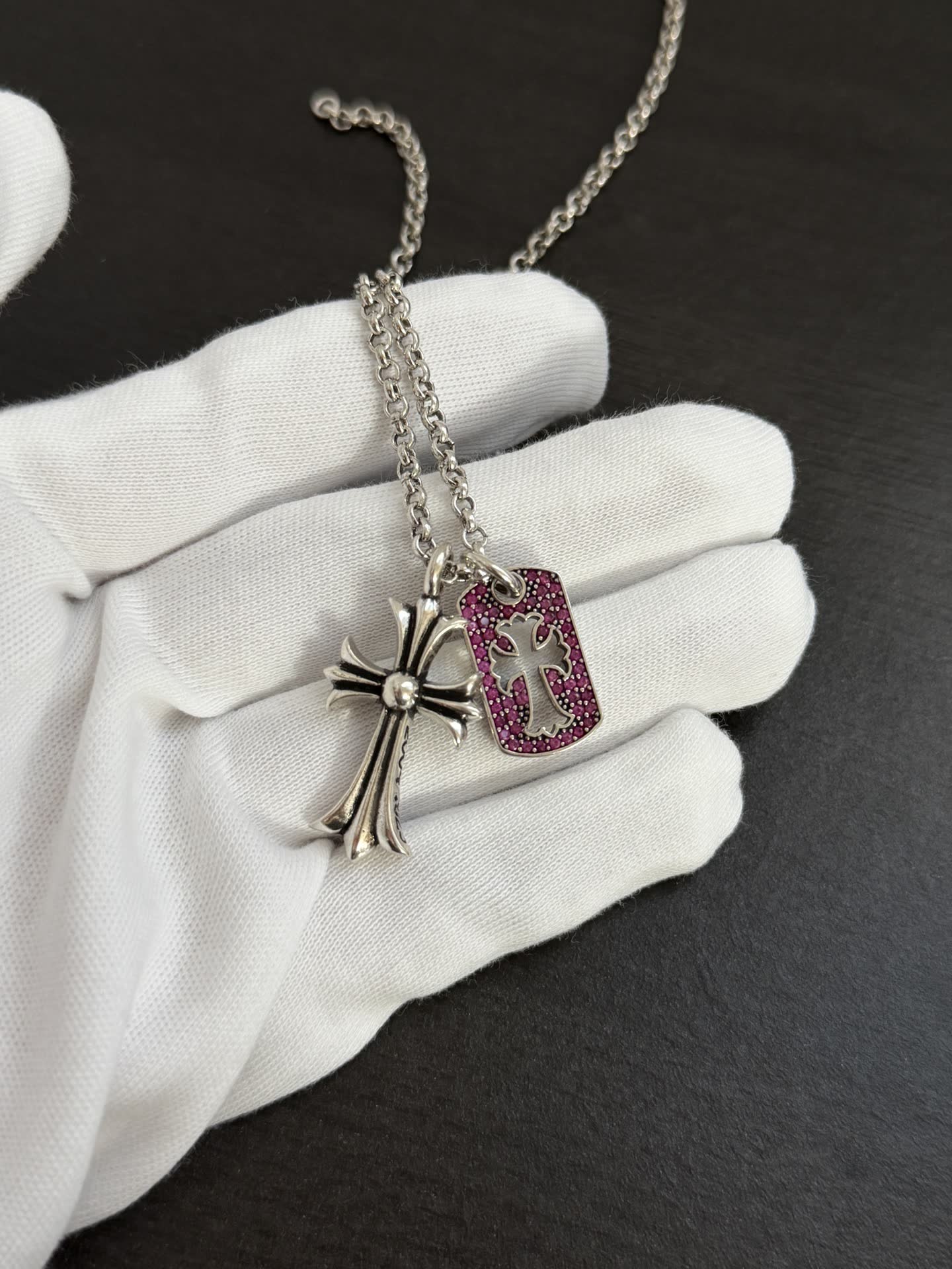 Chrome Hearts Silver Cross Pendant with Pink Enamel Tag